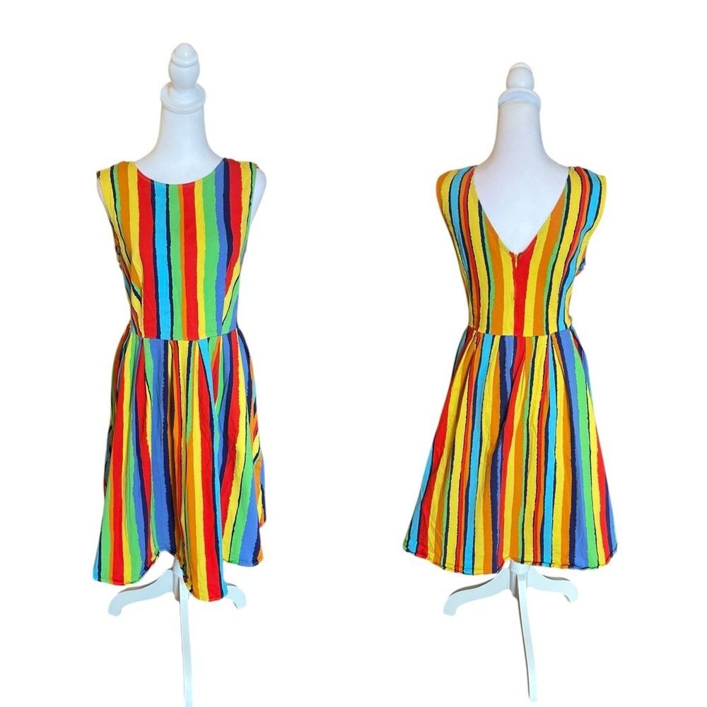 Rainbow Striped Mini Dress Retro 1950s Rockabilly Party Swing Dress Womens 2XL
